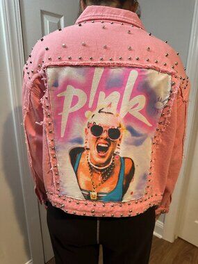 Pink Studded Denim Jean Jacket with P!NK image on back